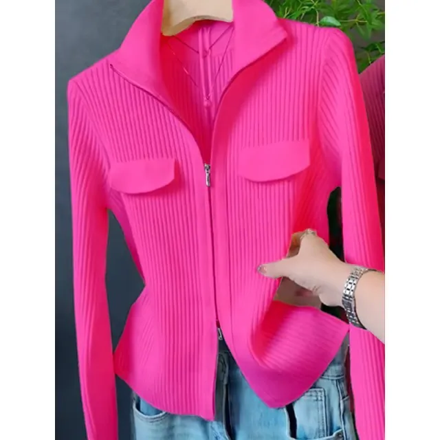 Lapel Long Sleeve Knitted Cardigan Sweater For Women Rose - Shop at LoveMi