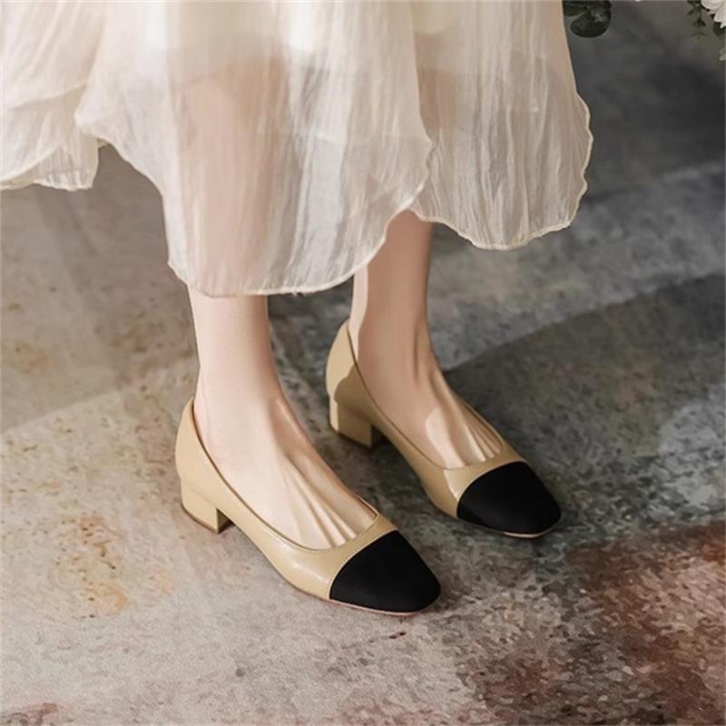 Womens French-style Soft Leather Patchwork Chanel-inspired Chunky-heel Square-toe Pumps
