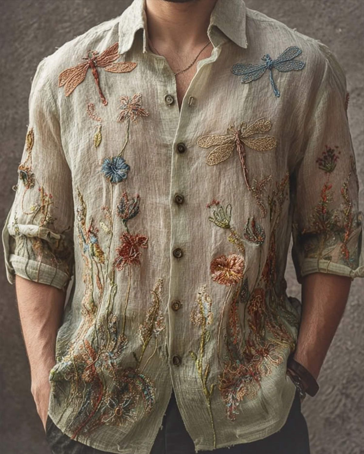 Retro Casual American-style Loose-fitting Mens Printed Long-sleeve Floral Shirt