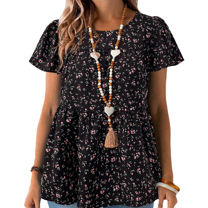 Women's Floral Sweet Short-sleeved Top - Black