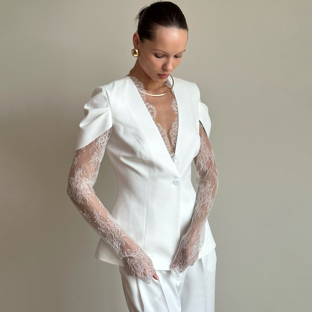 Womens Lace-Panel Single-Buckle Blazer