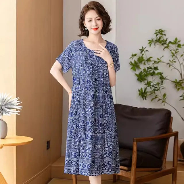Middle aged And Elderly Women's Cotton Silk Printing Maxi Dress No 58 - Shop at LoveMi