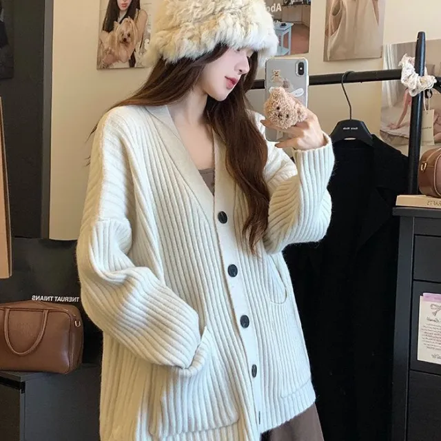 Long sleeve Cardigan Sweater Women Knit Casual Loose Solid Color Coat Top White - Shop at LoveMi
