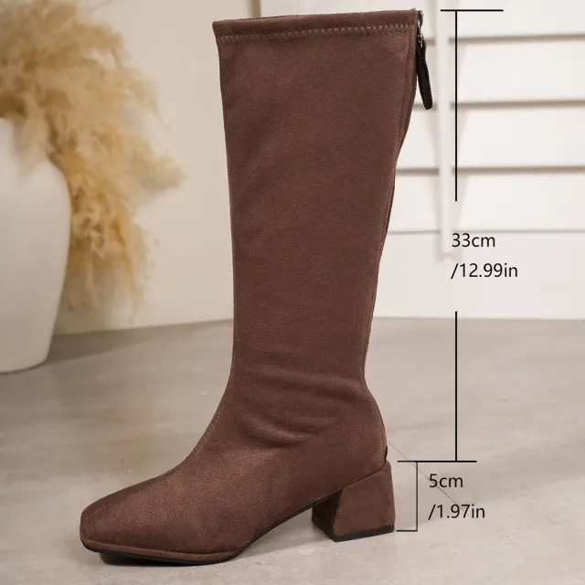 Winter Block toe Figure flattering Chunky heel Stretch Boots Brown - Shop at LoveMi