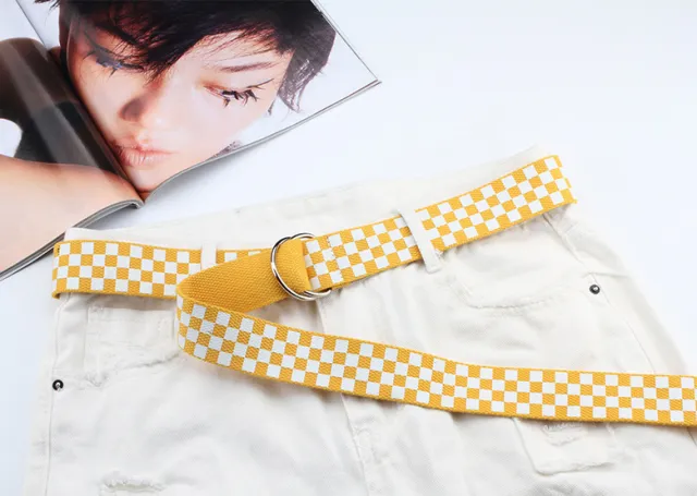 New Nylon Canvas Student Belt Fashion All match Pant Double Ring Buckle Plaid Printed Jeans Belt Yellow Background White Plaid - Shop at LoveMi