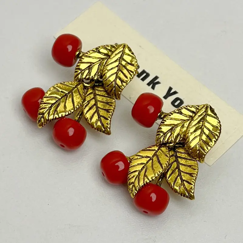 Red Cherry Unique Leaf Earrings