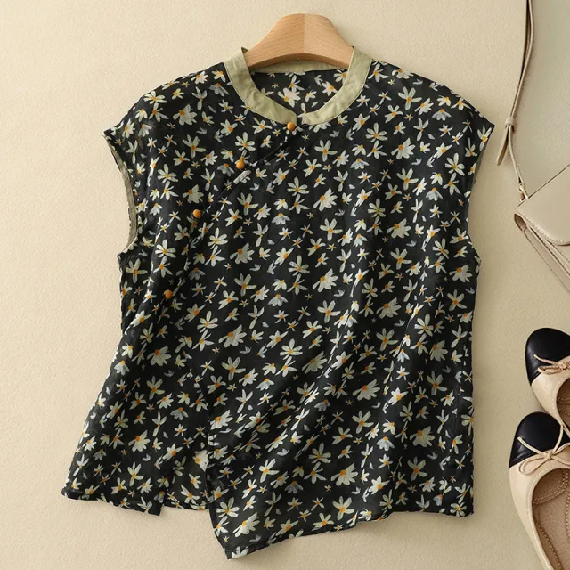 Women's New Chinese style Sleeveless Shirt With Crossbody Buckle Printed Retro And Hipster Style Top Navy Blue - Shop at LoveMi