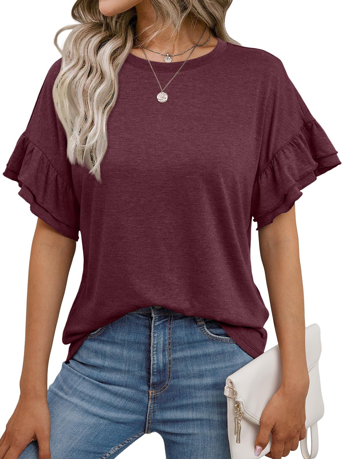 Solid Color Round Neck Ruffle Sleeve Short Sleeve T-shirt Top