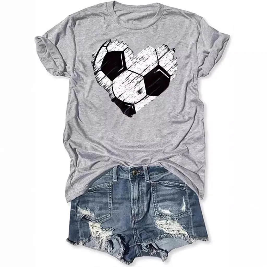 Personalised Love Football Pattern Printed Colour Round Neck Short Sleeve - Grey