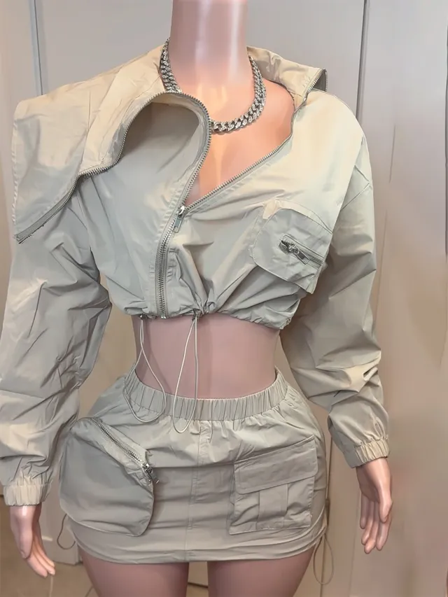 European And American Slim fit Solid Color Workwear Zipper Long sleeved Jacket Hip Skirt Khaki - Shop at LoveMi