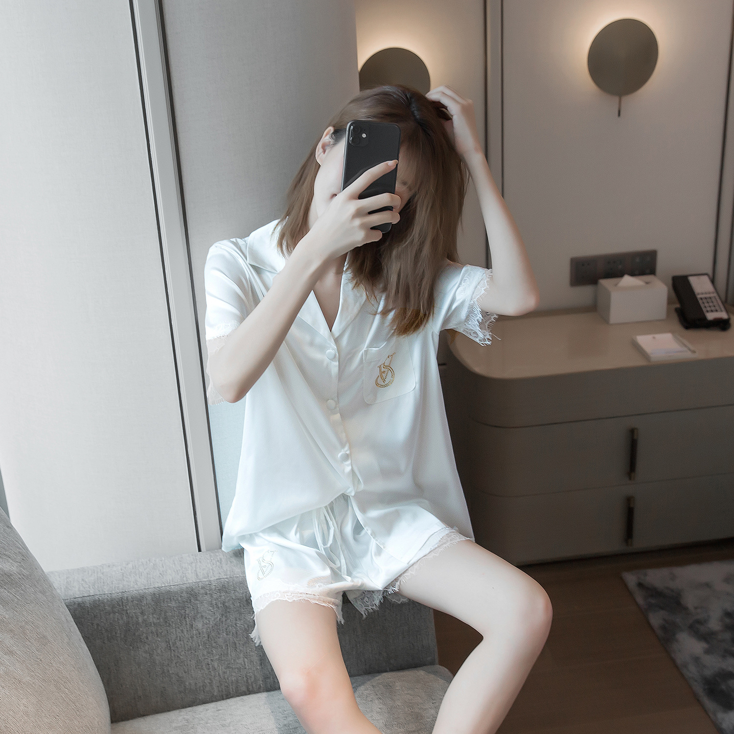 Title 11, Ladies Solid Color Short Sleeve Shorts Silk Lac...