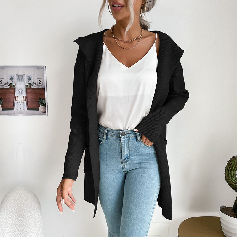 European And American Sunken Stripe Knitted Hoodie Casual Sweater Coat For Women Black - Shop at LoveMi