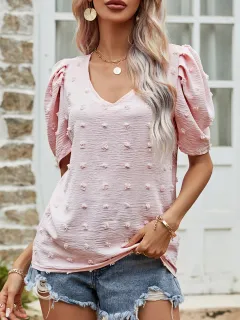 V-neck Short-sleeve T-shirt For Women Puff Sleeve Casual Top - Pink - View 1