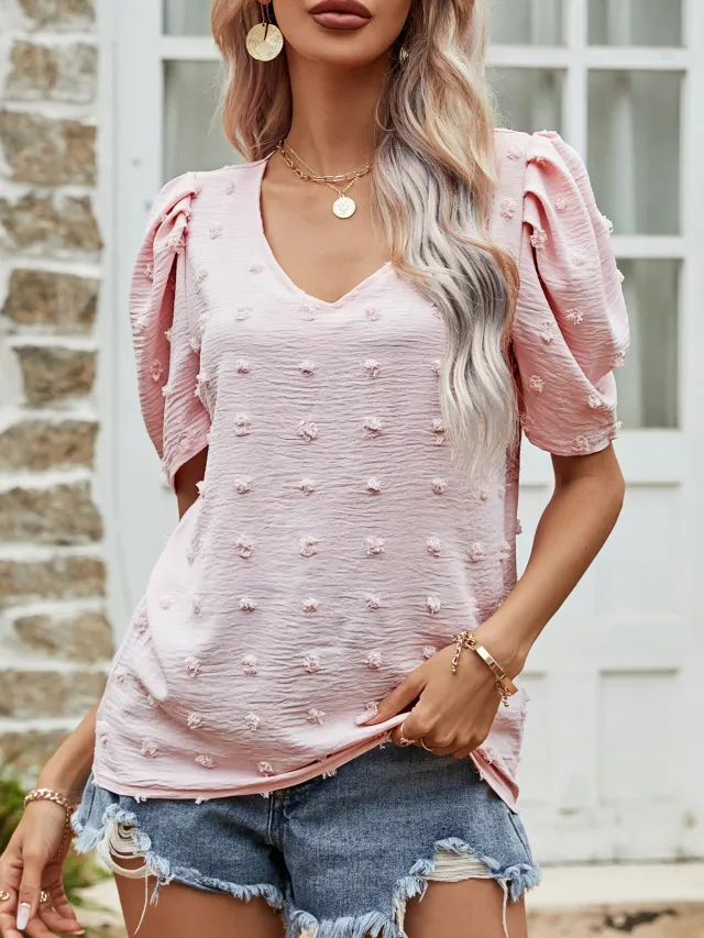 V neck Short sleeve T shirt For Women Puff Sleeve Casual Top Pink - Shop at LoveMi