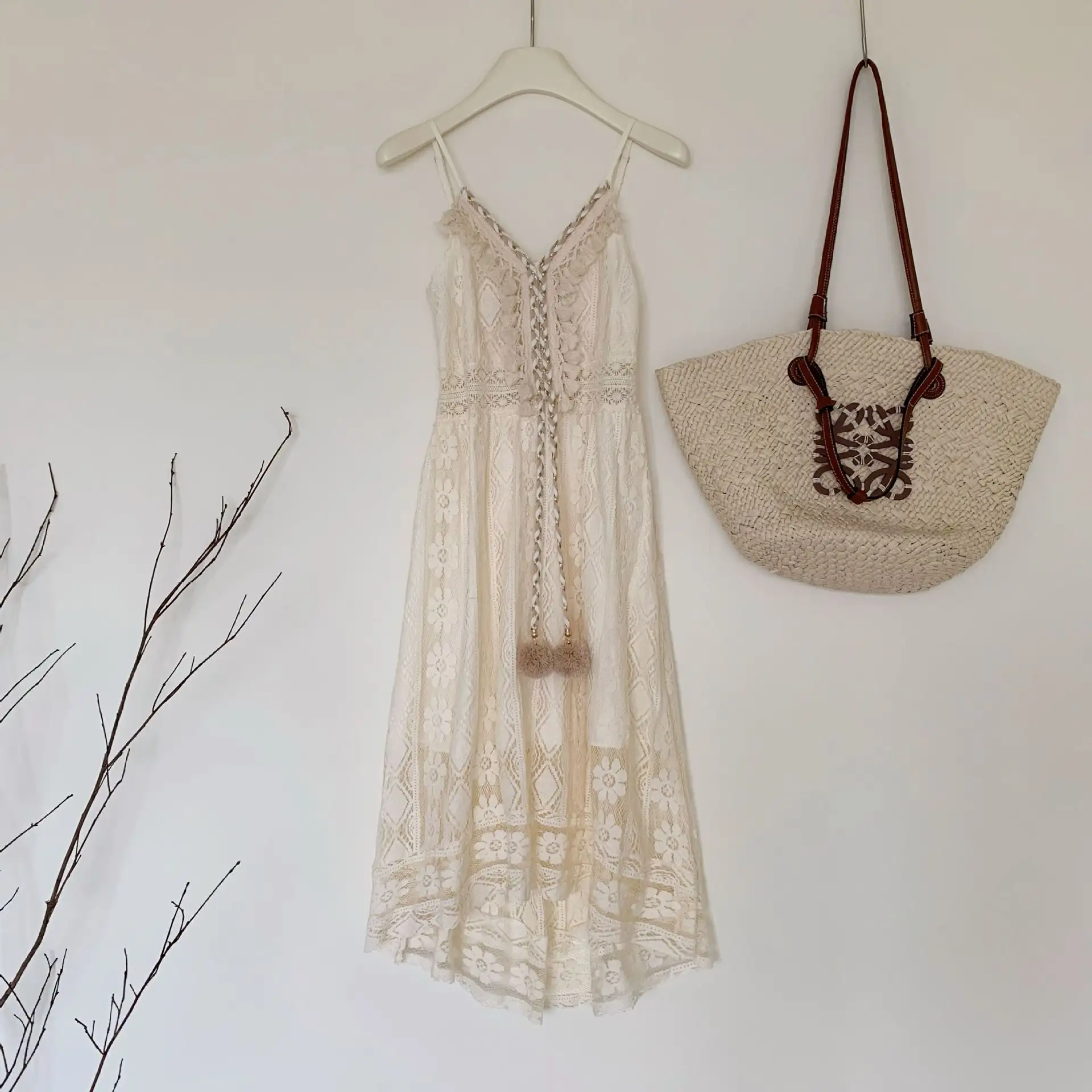 Lace Seaside Vacation Style Vest Strap Dress Two-piece Set