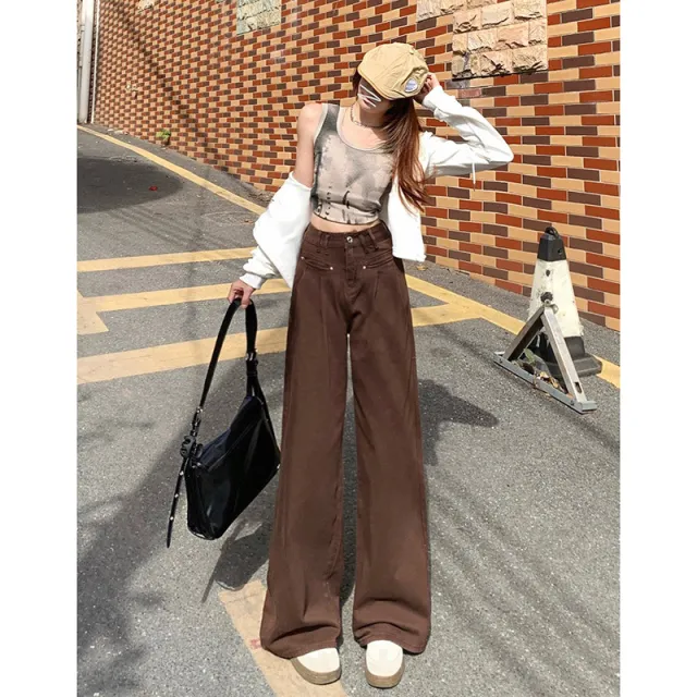 Autumn New Wide Leg Jeans For Women Deep Coffee Trousers - Shop at LoveMi