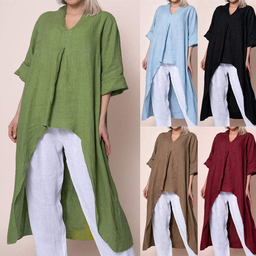 Womens Solid-Color V-Neck Asymmetric Long-Sleeve Shirt