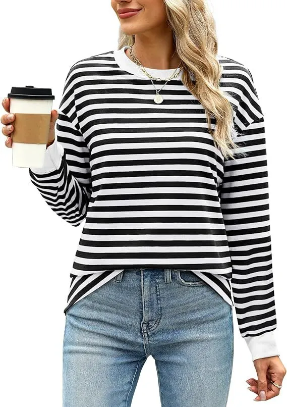 Fashion Color Contrast Loose Round Neck Striped Long Sleeve Black And White - Shop at LoveMi