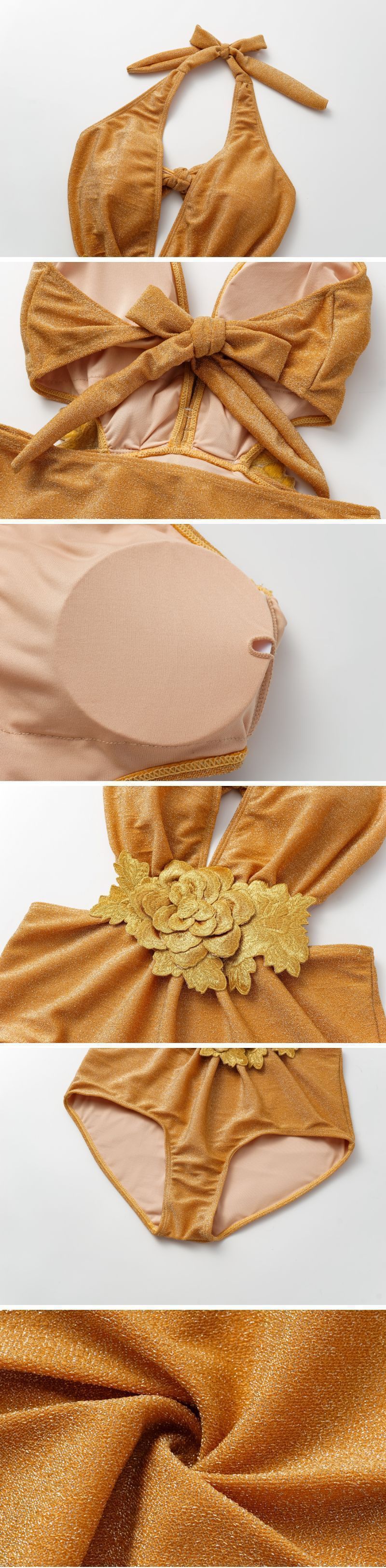 Women's Halter Deep V Strap Simple Glossy One-piece Swimsuit Suit