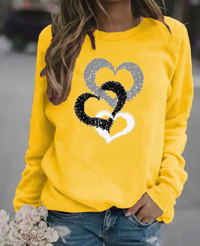 Casual Round Neck Print Sweatshirt Women Yellow - Shop at LoveMi