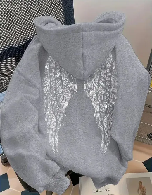 Trendy Minimalist Design Wings Printing Sweater Casual Loose Sweatshirt Pullover Light Gray - Shop at LoveMi