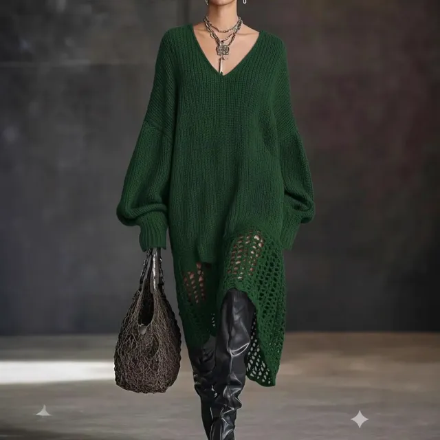 V neck Knitted Dress With An Asymmetrical Hem Cutout Detailing Green - Shop at LoveMi