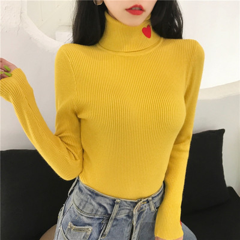 Women's Love Embroidered Turtleneck Sweater Pullover Yellow - Shop at LoveMi