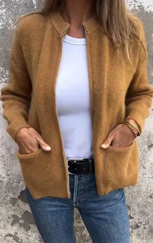 New Solid Color Casual Coat Zipper Sweater Cardigan Brown - Shop at LoveMi