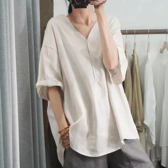 Half sleeved Casual Loose fitting Plus Size V neck Top T shirt With Short Sleeves Apricot - Shop at LoveMi