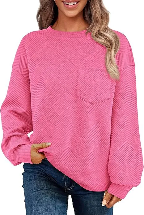 Women's Long sleeved Drop shoulder Round Neck Sweater Texture Rose Red - Shop at LoveMi