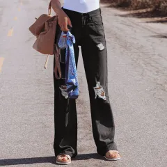 Water Washed Hole High Waist Temperament Wide-leg Jeans - Black Grey - View 1
