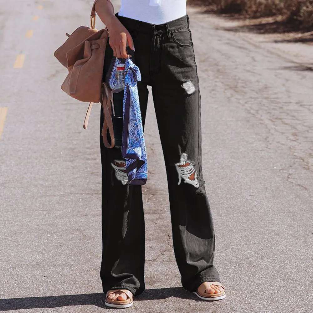 Water Washed Hole High Waist Temperament Wide-leg Jeans - Gray