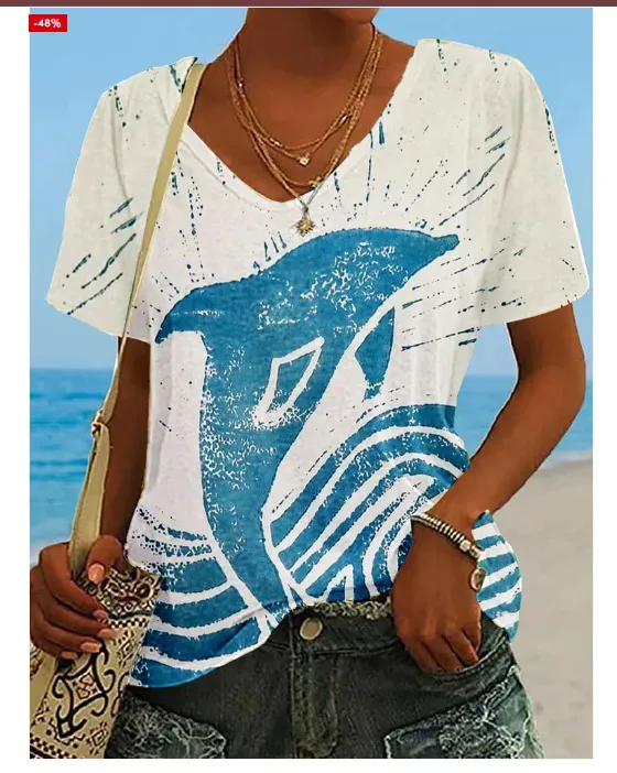 Women's Turtle Print Casual V neck Short Sleeve Pattern 7 Xl - Shop at LoveMi