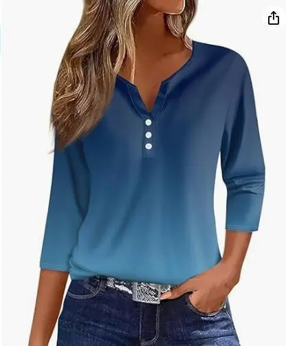 Women's T shirt V neck Half open Tube Three button Printed 34 Sleeves Top 58 Style 2Xl - Shop at LoveMi