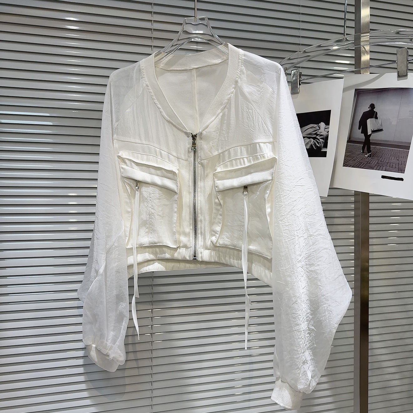 Edgy Street-style Cargo Jacket With Zip Pockets And A Sun-protective Short Design