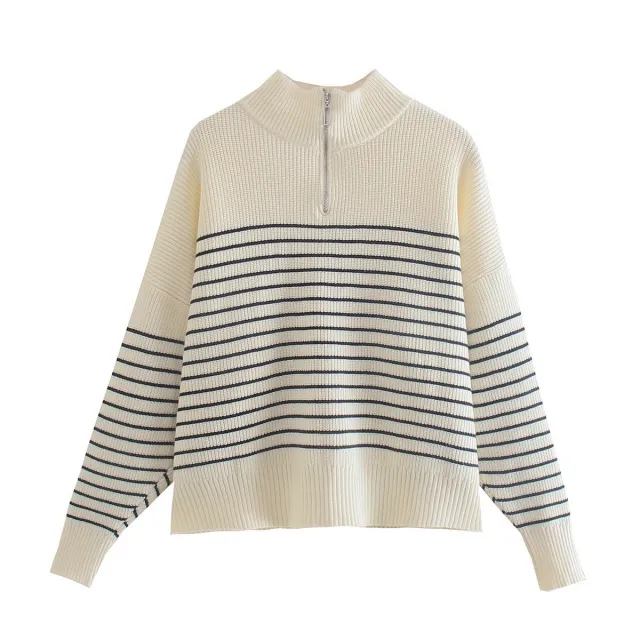 Striped Splicing Knitwear Zip up Turtleneck Sweater Picture Color L - Shop at LoveMi