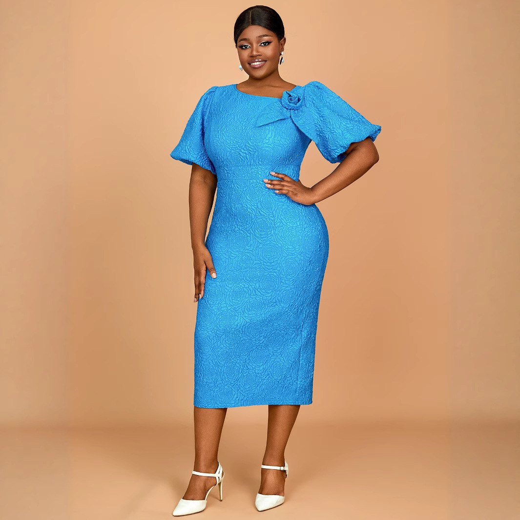 Three-dimensional Floral Bubble-sleeve Sheath Dress
