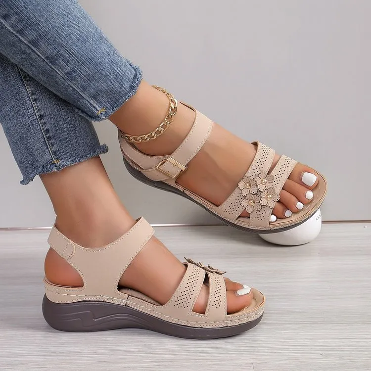 Wedge Sandals Women's Flower Flat - Beige