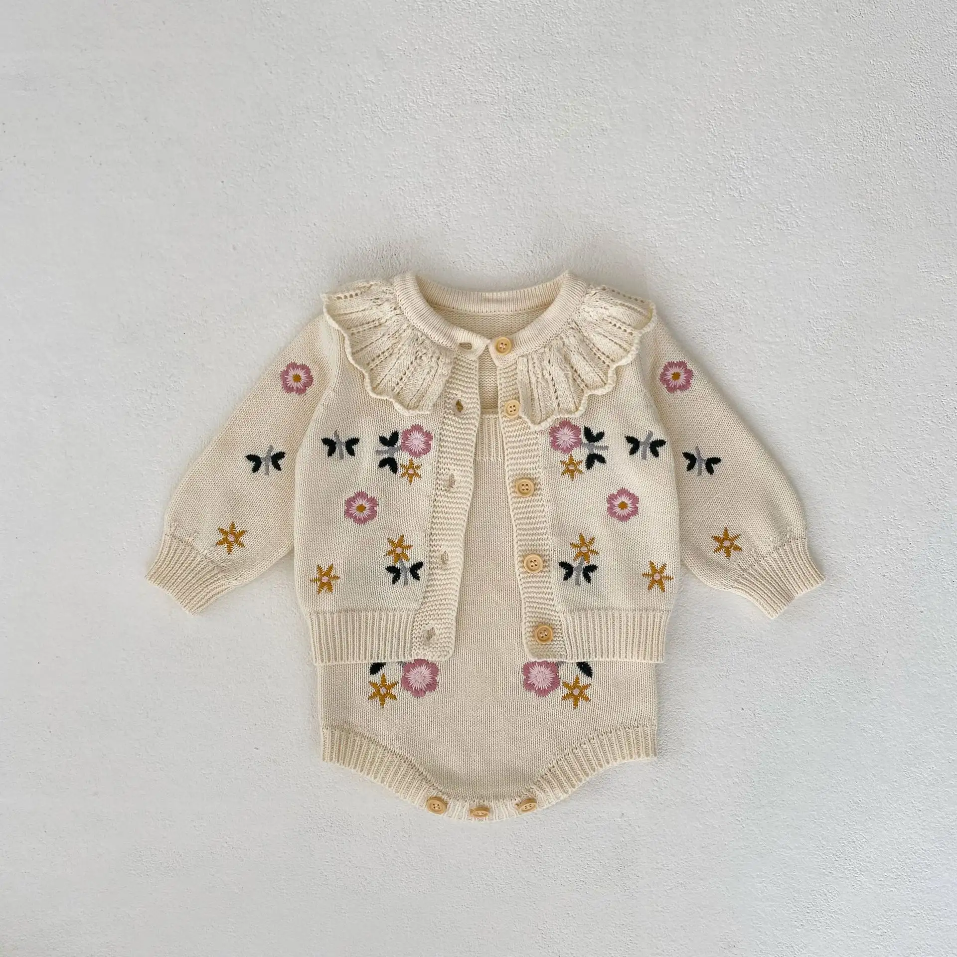 Children's Flower Embroidered Lotus Collar Knitted Cotton Long-sleeved Cardigan