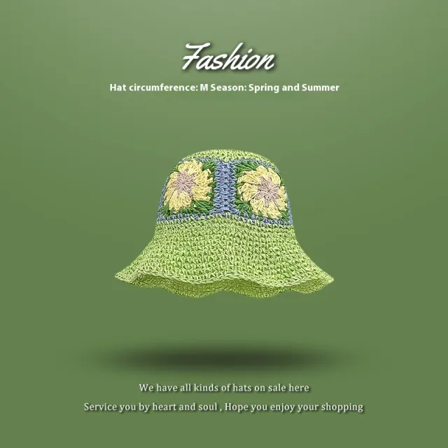 Beach Green Sun Hat Female Summer Foldable Hand Crocheting Flower Green - Shop at LoveMi