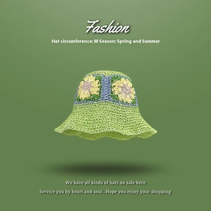 Beach Green Sun Hat Female Summer Foldable - Hand Crocheting Flower Green