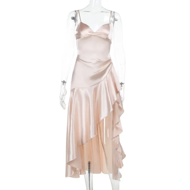 V neck Asymmetric Ruffled Side Slit Sling Dress Apricot - Shop at LoveMi