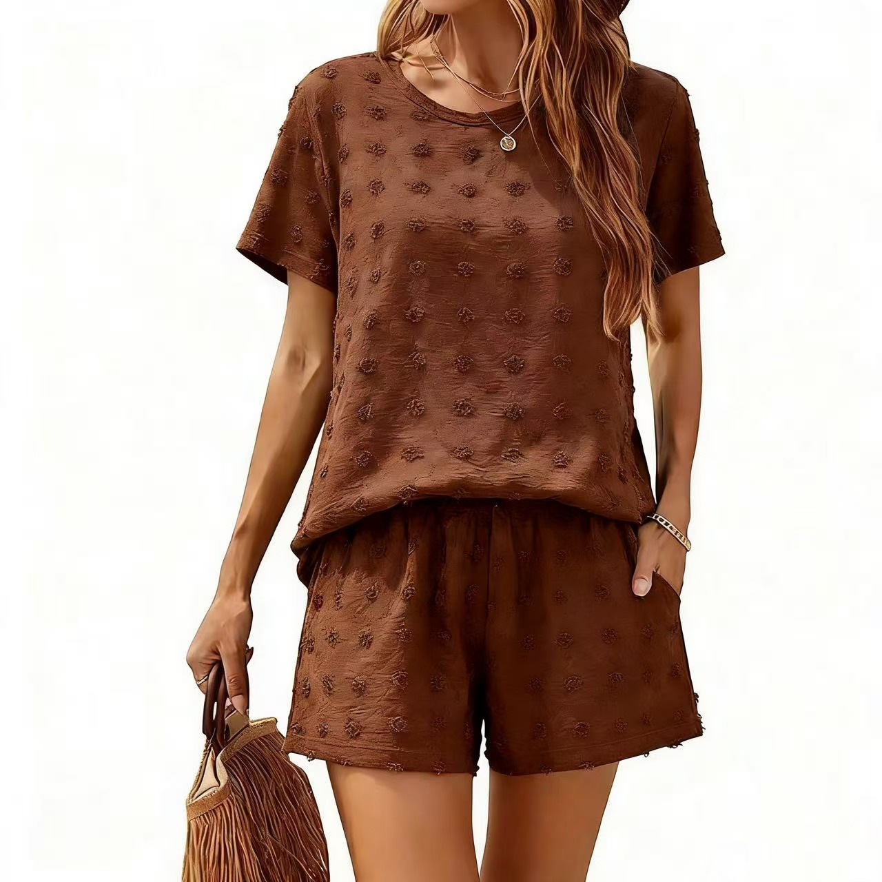 Round-neck Ice-silk Oversized Bobble Top And Shorts Set