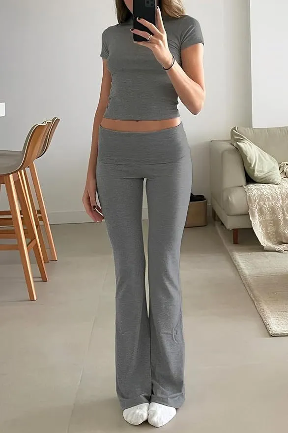 Women's Casual Wear Slim Short sleeved Tops Low Waist Flared Leggings Suit Gray - Shop at LoveMi