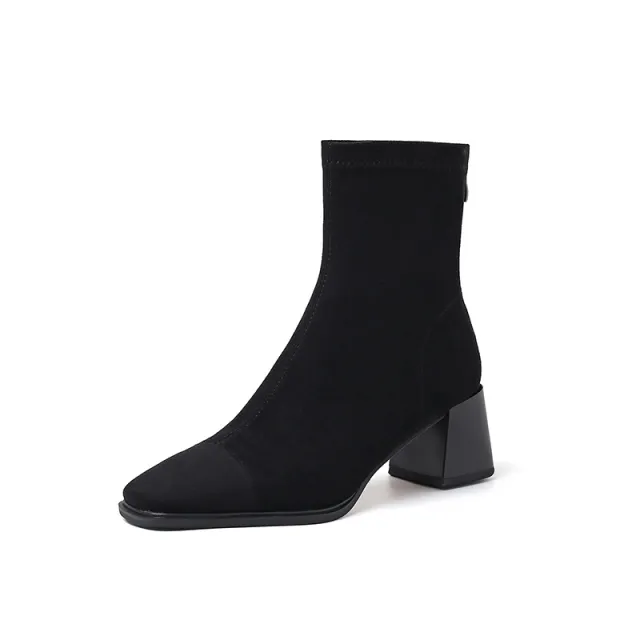 Women's Solid Color Simple Suede Chunky Heel Ankle Boots Black - Shop at LoveMi