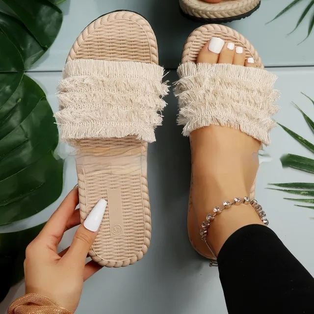 Comfortable EVA Beach Tassel Flat Sandals Beige - Shop at LoveMi