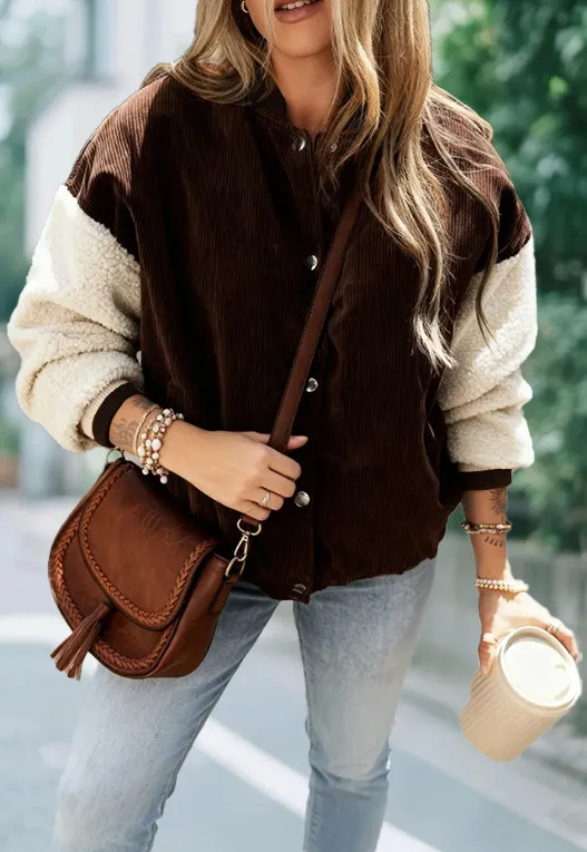 Color Matching Corduroy Women's Fashionable All match Warm Single breasted Jacket Brown - Shop at LoveMi