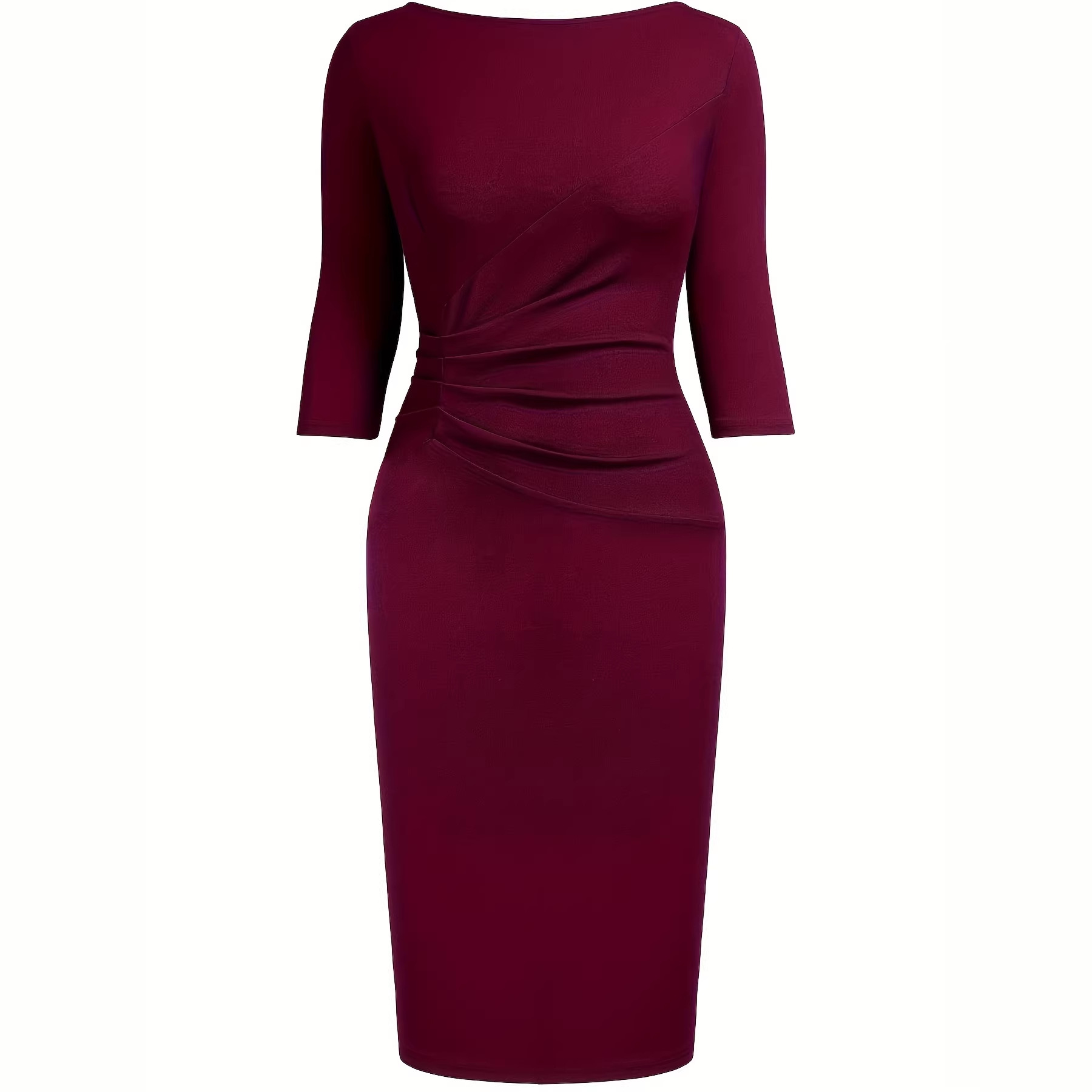 Vestido lápiz asimétrico con pliegues y mangas tres cuartos para banquetes. 60380015 D9d4 43aa Aa71 78fa5a67517e