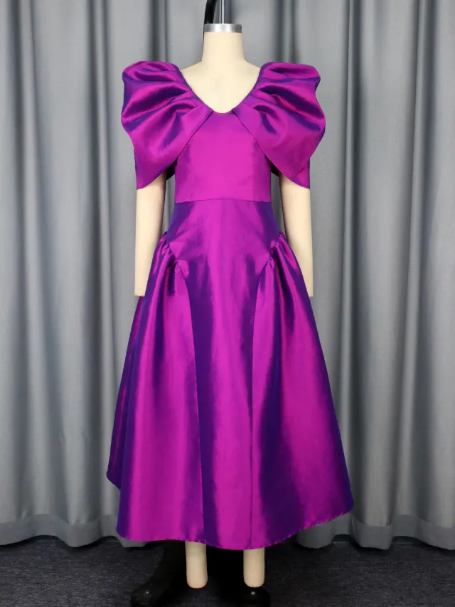 Puff Sleeve Evening Dress A Hem Pleated Banquet Dress Purple - Shop at LoveMi
