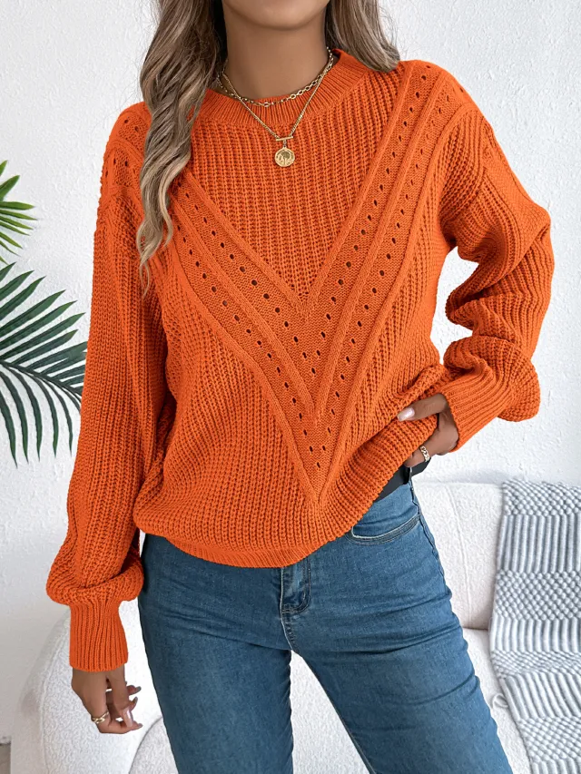 V shaped Hollow out Lantern Sleeve Pullover Orange - Shop at LoveMi